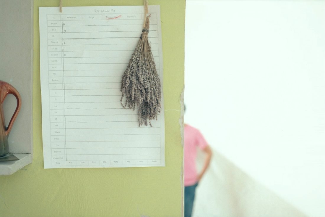 A year planner pinned to a limewashed wall with months ruled out in pencil