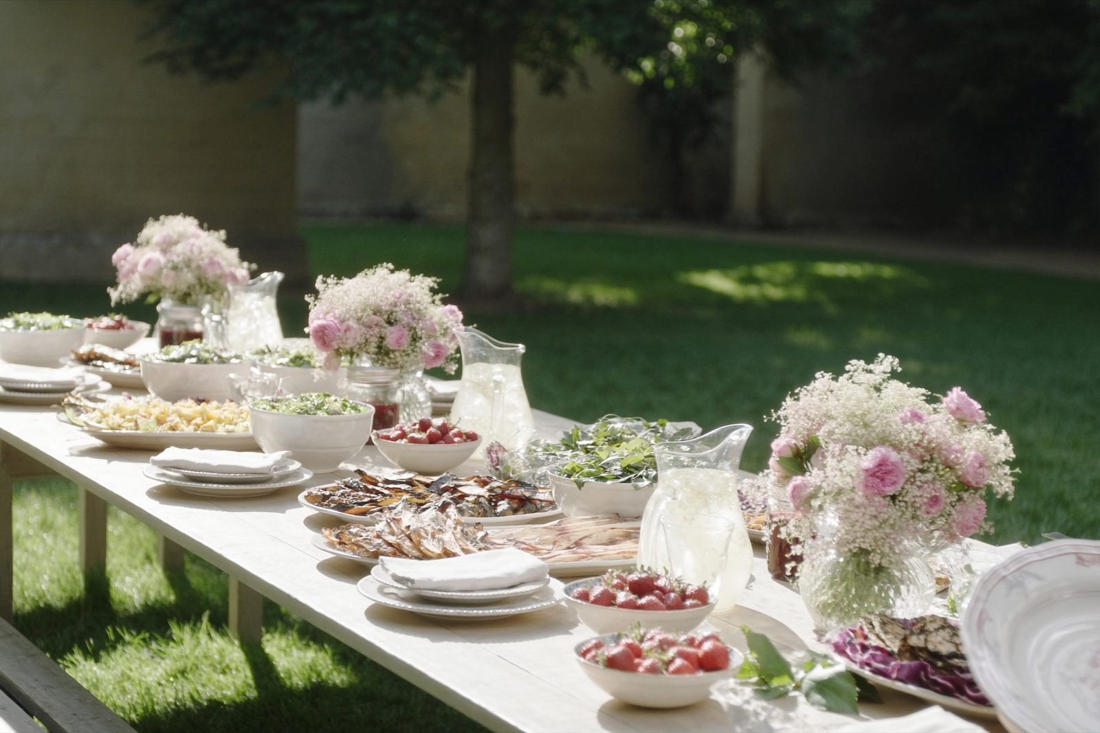 A trestle table outdoors laid with seasonal food, jugs of elderflower and roses in jam jars